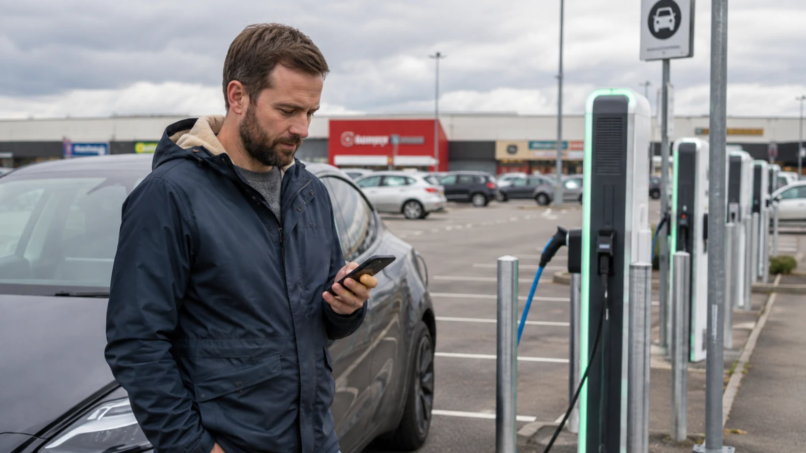 Förare använder en laddapp vid en offentlig laddstation