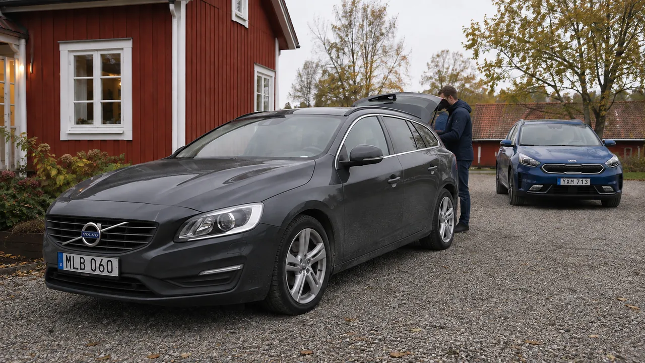 Volvo V60 och Kia Niro laddhybrid står på en grusuppfart vid ett bostadshus.