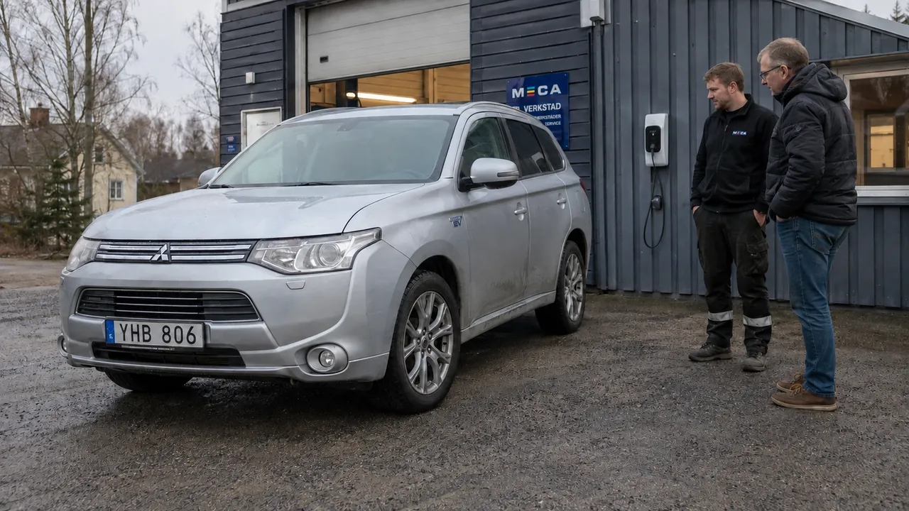 En begagnad Mitsubishi Outlander PHEV granskas utanför en bilverkstad.