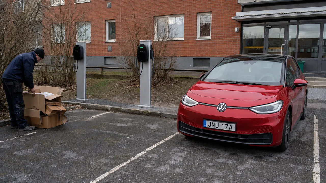 Nya laddpunkter vid ett flerbostadshus med en bil parkerad intill.