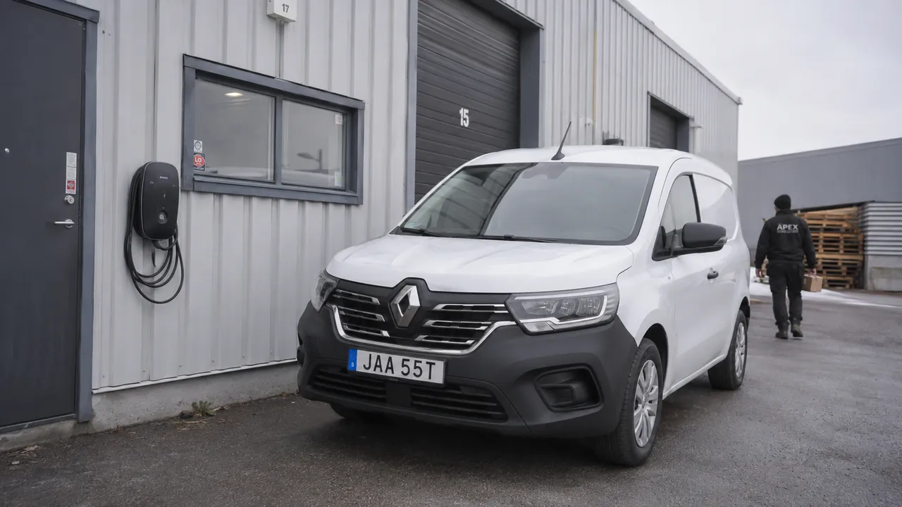 Renault Kangoo E-Tech står vid en laddbox utanför en företagslokal.