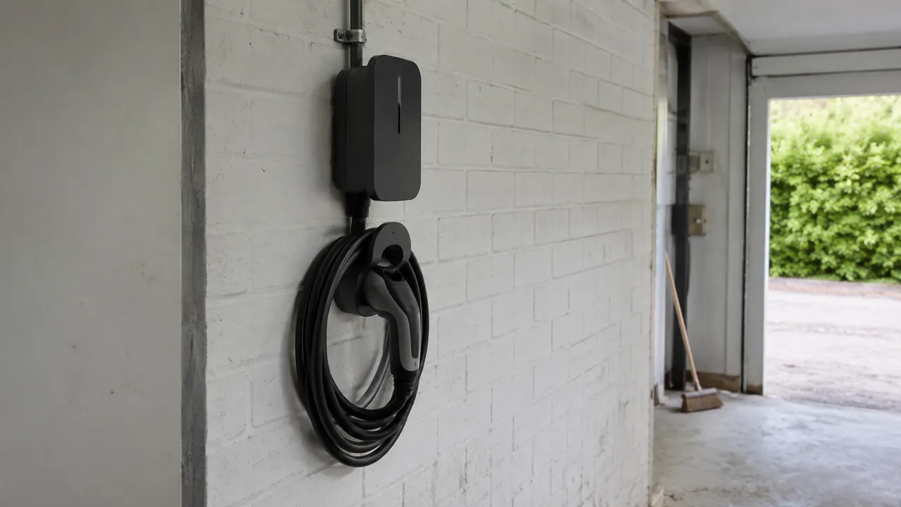 En kompakt laddbox med laddkabel på hållare i ett vardagligt garage.