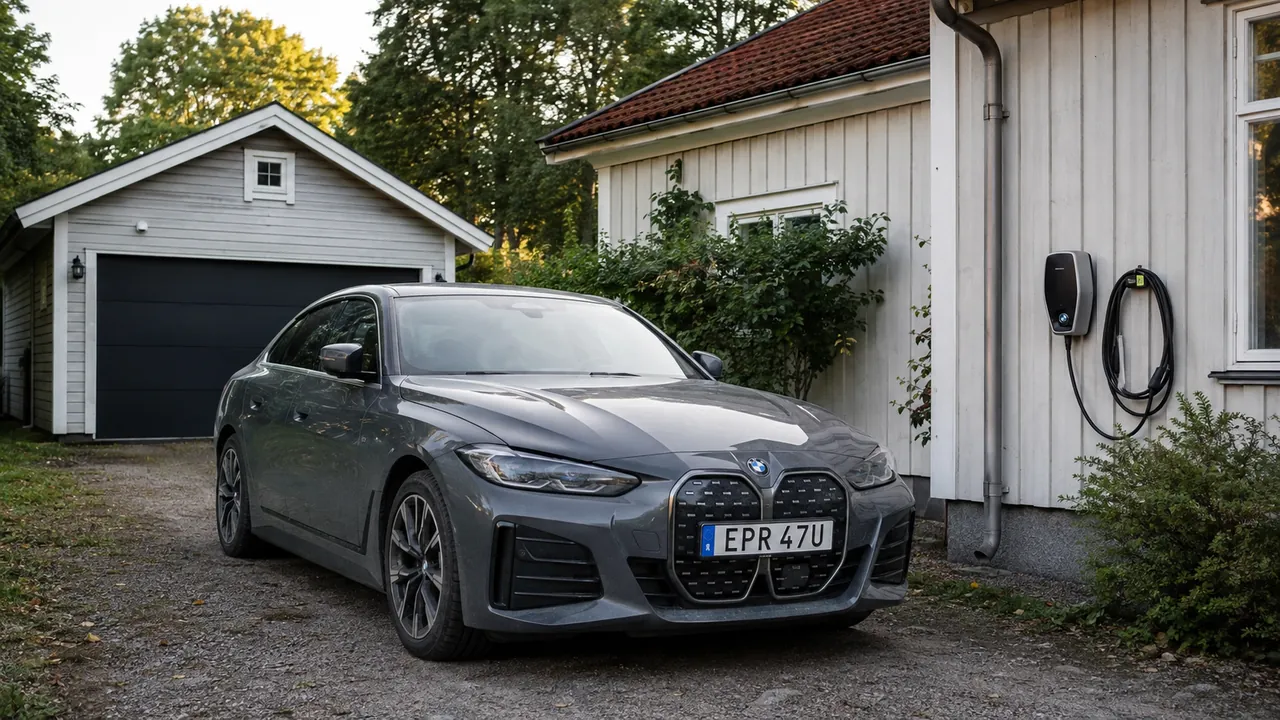 BMW i4 parkerad intill en laddbox vid ett svenskt garage.