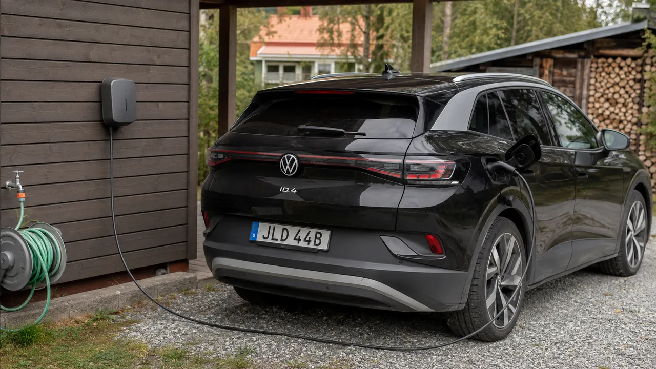Volkswagen ID.4 laddas vid en carport med ved och trädgårdsredskap i bakgrunden.