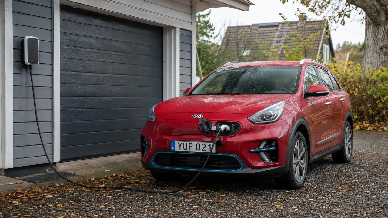 Kia e-Niro laddas via frontens ladduttag vid ett grått trägarage.