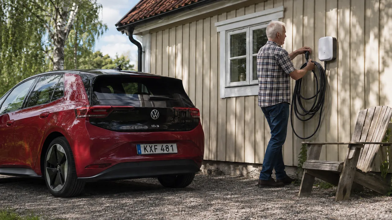 Villaägare hänger upp laddkabeln bredvid en parkerad elbil vid en sommarstuga