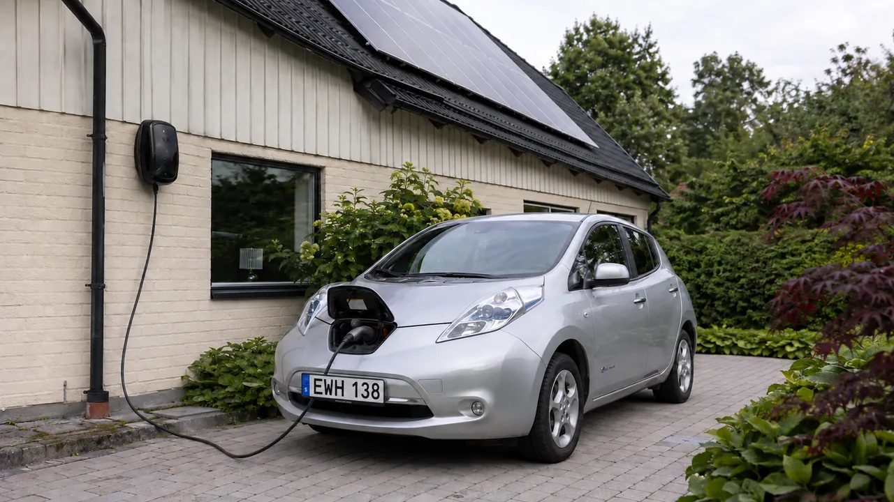 Nissan Leaf laddas utanför en villa med solpaneler på taket.