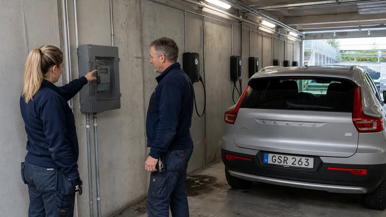 Elektriker och fastighetsskötare går igenom mätning i ett garage med laddplatser