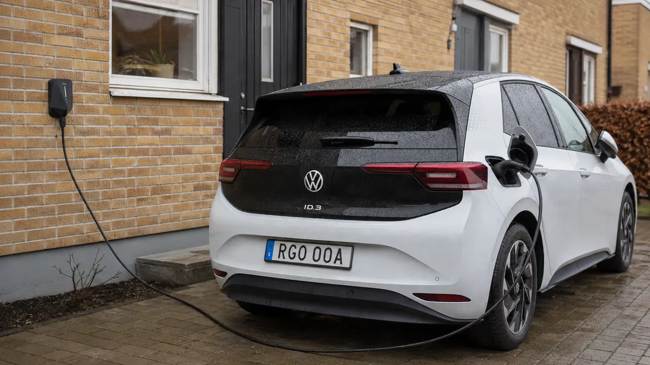 Volkswagen ID.3 laddas på uppfarten vid ett radhus i gult tegel.