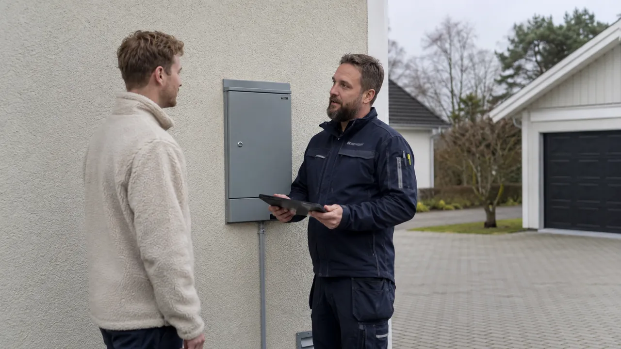 Elektriker och husägare går igenom förutsättningarna vid husets mätarskåp.