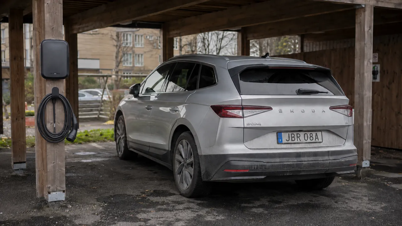 Škoda Enyaq parkerad vid en laddbox i en gemensam carport.