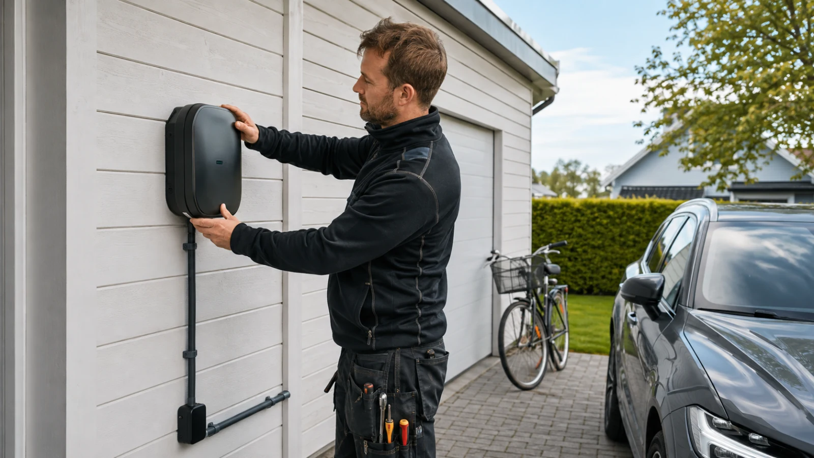 Elektriker färdigställer en laddboxinstallation vid svensk villa