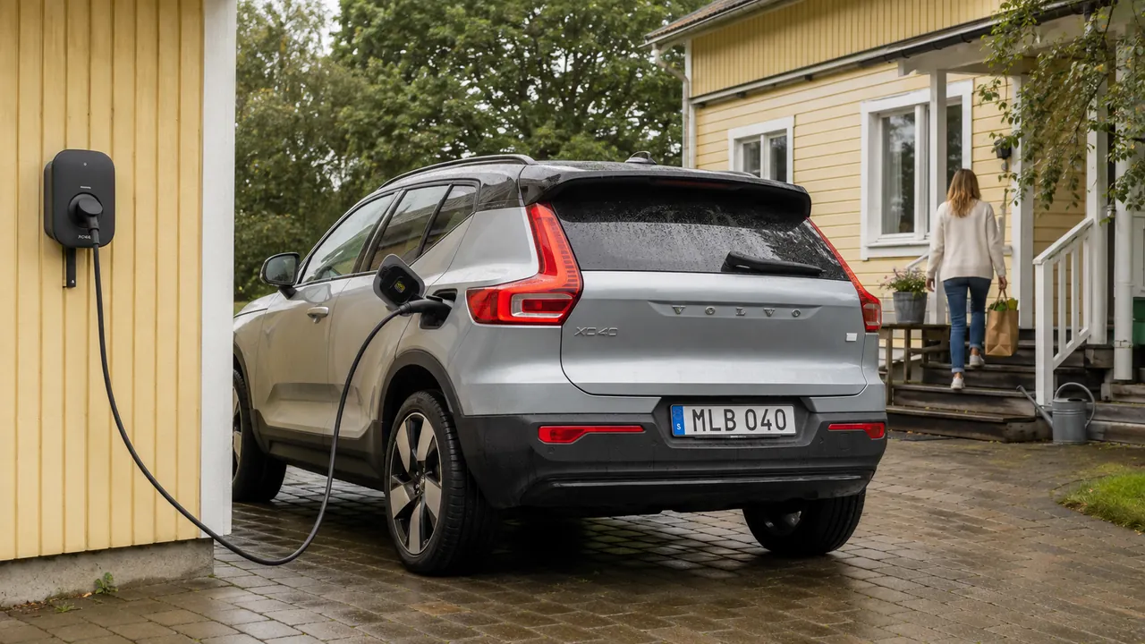 Volvo XC40 Recharge laddas vid ett gult trähus medan en boende bär hem matvaror.