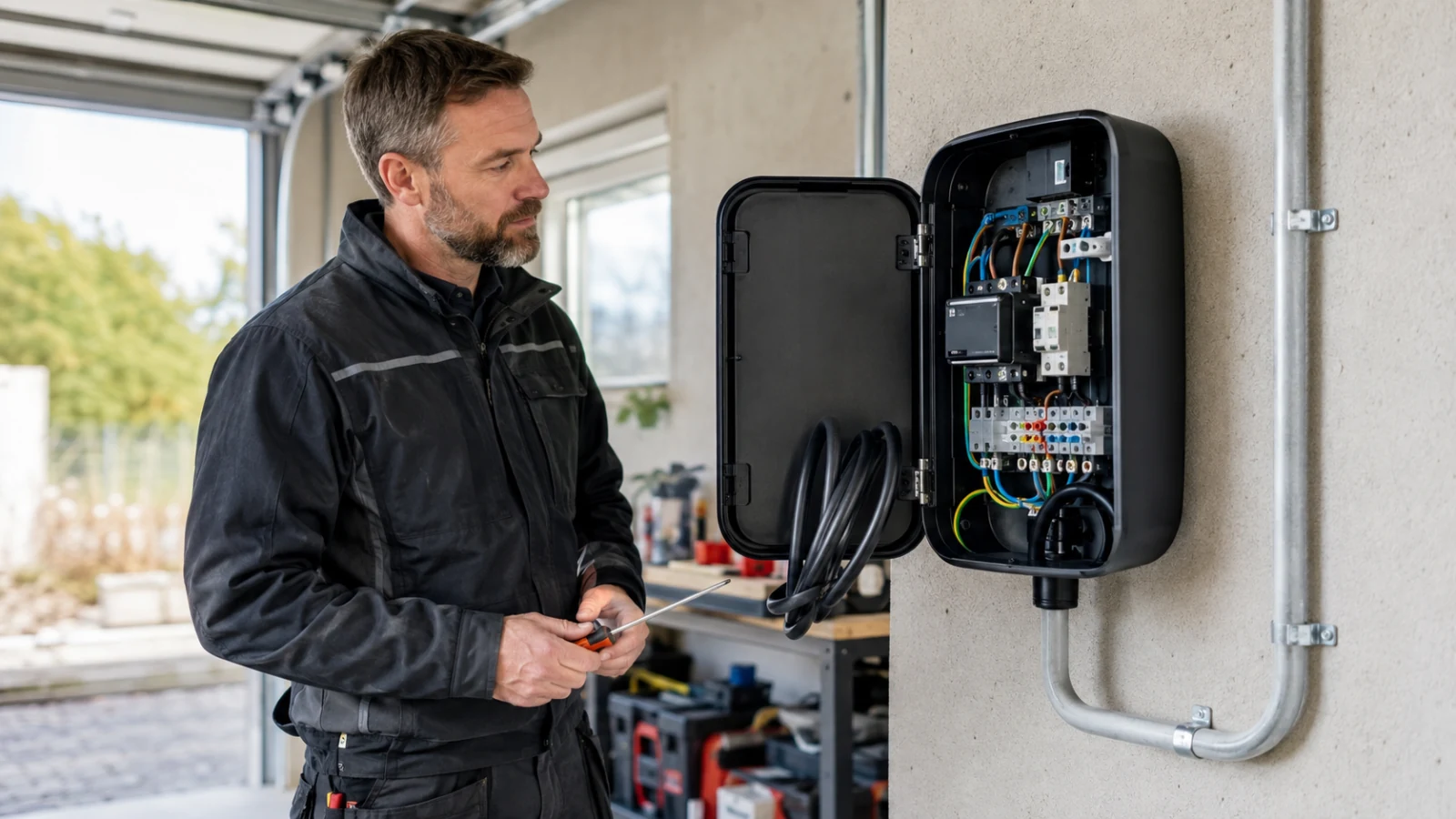 Elektriker inspekterar insidan av en frånkopplad laddbox