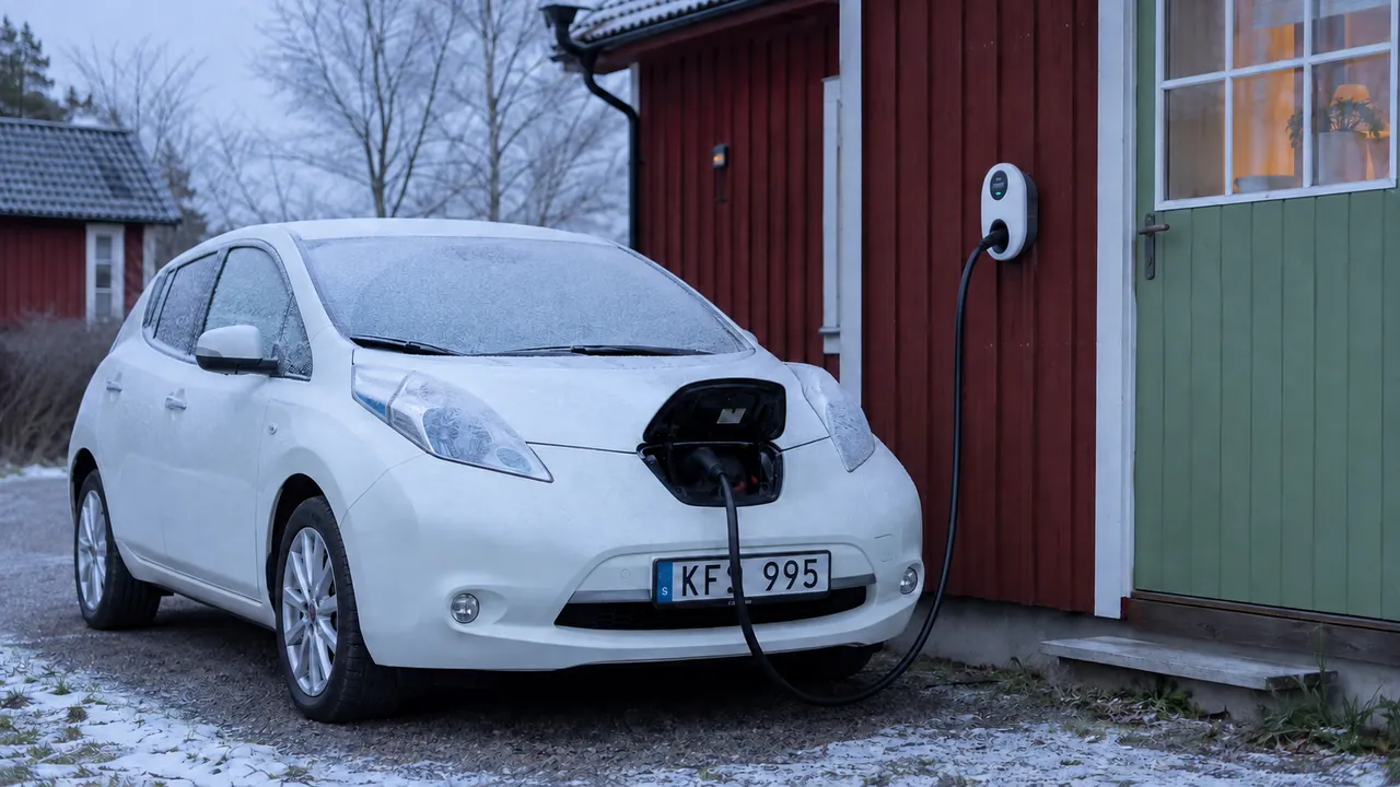 Nissan Leaf laddas på uppfarten en frostig vintermorgon.