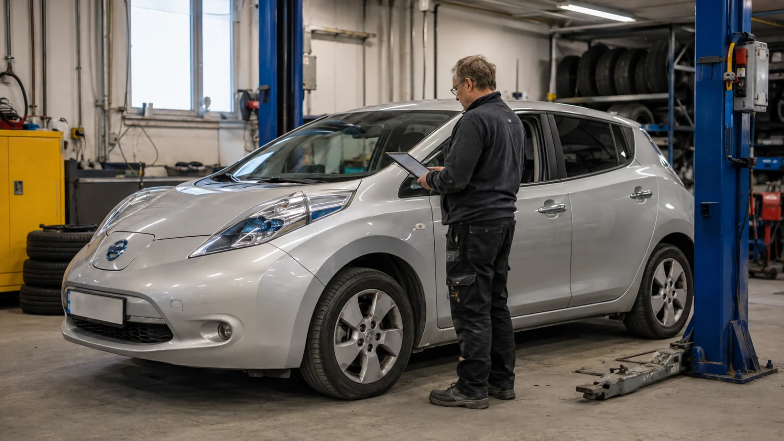 Äldre elbil på verkstad för kontroll av batteriets hälsa