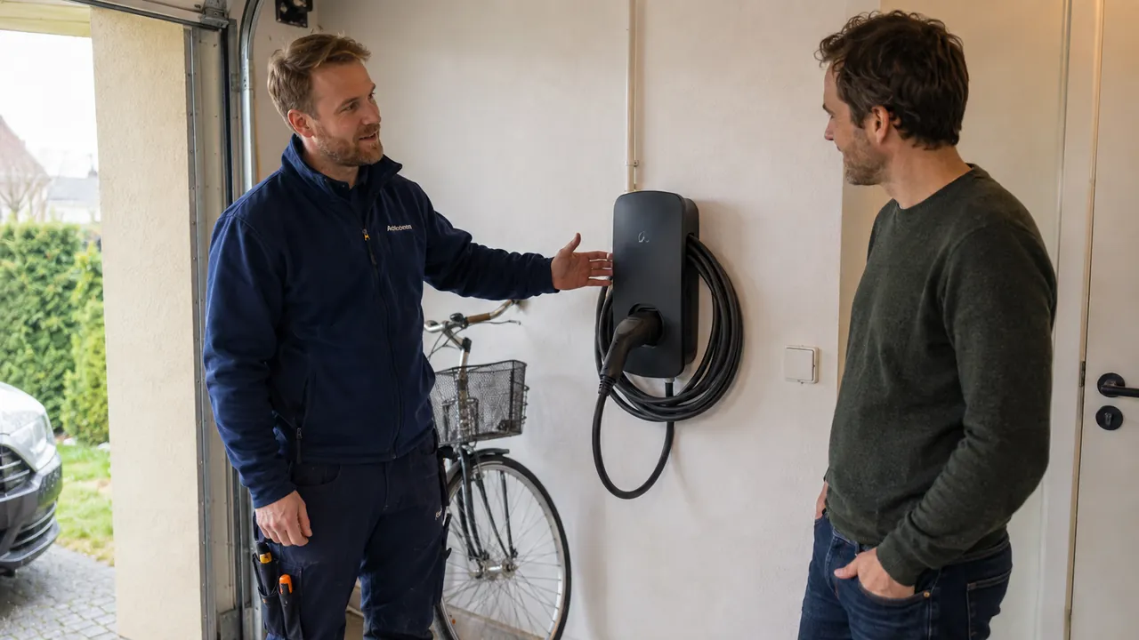 Elektriker visar en husägare hur den färdiginstallerade laddboxen används.