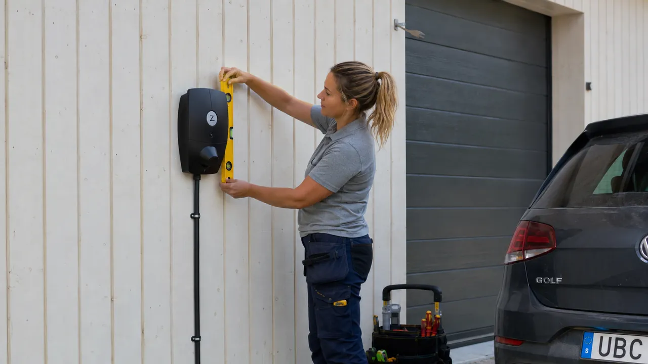 Elektriker kontrollerar att en nymonterad laddbox sitter rakt på garageväggen.