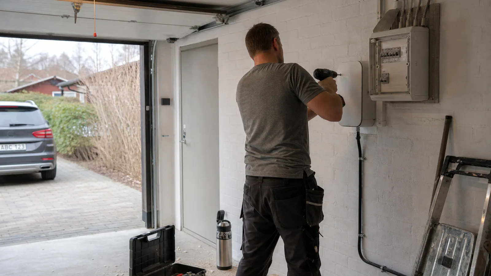 Elektriker monterar en laddbox på garageväggen.