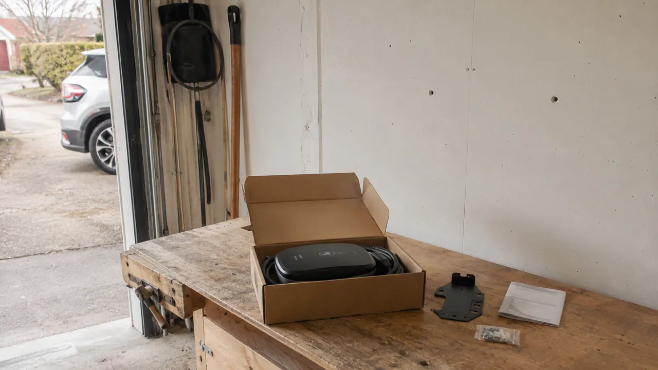 Laddbox och monteringsdelar uppackade på en arbetsbänk inför installation.
