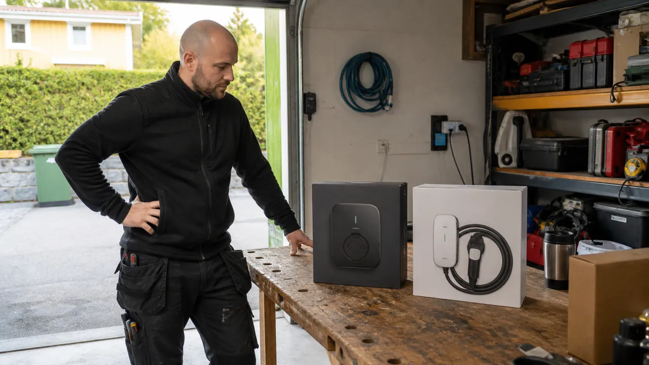Elektriker jämför två förpackade laddboxar på en arbetsbänk i ett garage.