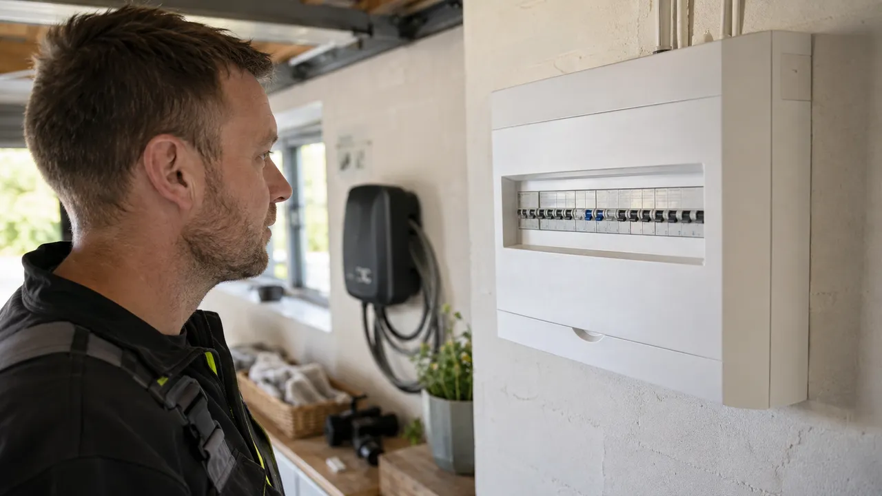 Elektriker granskar en täckt elcentral i ett garage med laddbox på väggen.