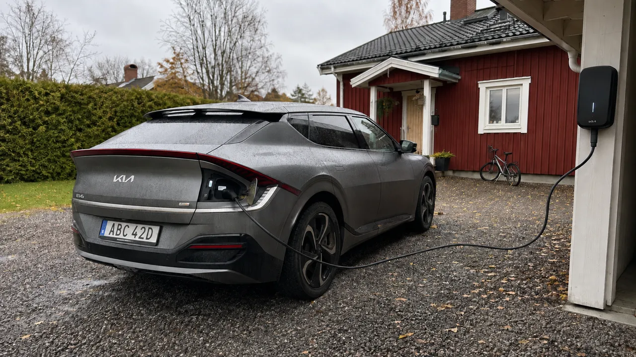 Grå Kia EV6 laddar från en laddbox på carportstolpen vid ett rött trähus.