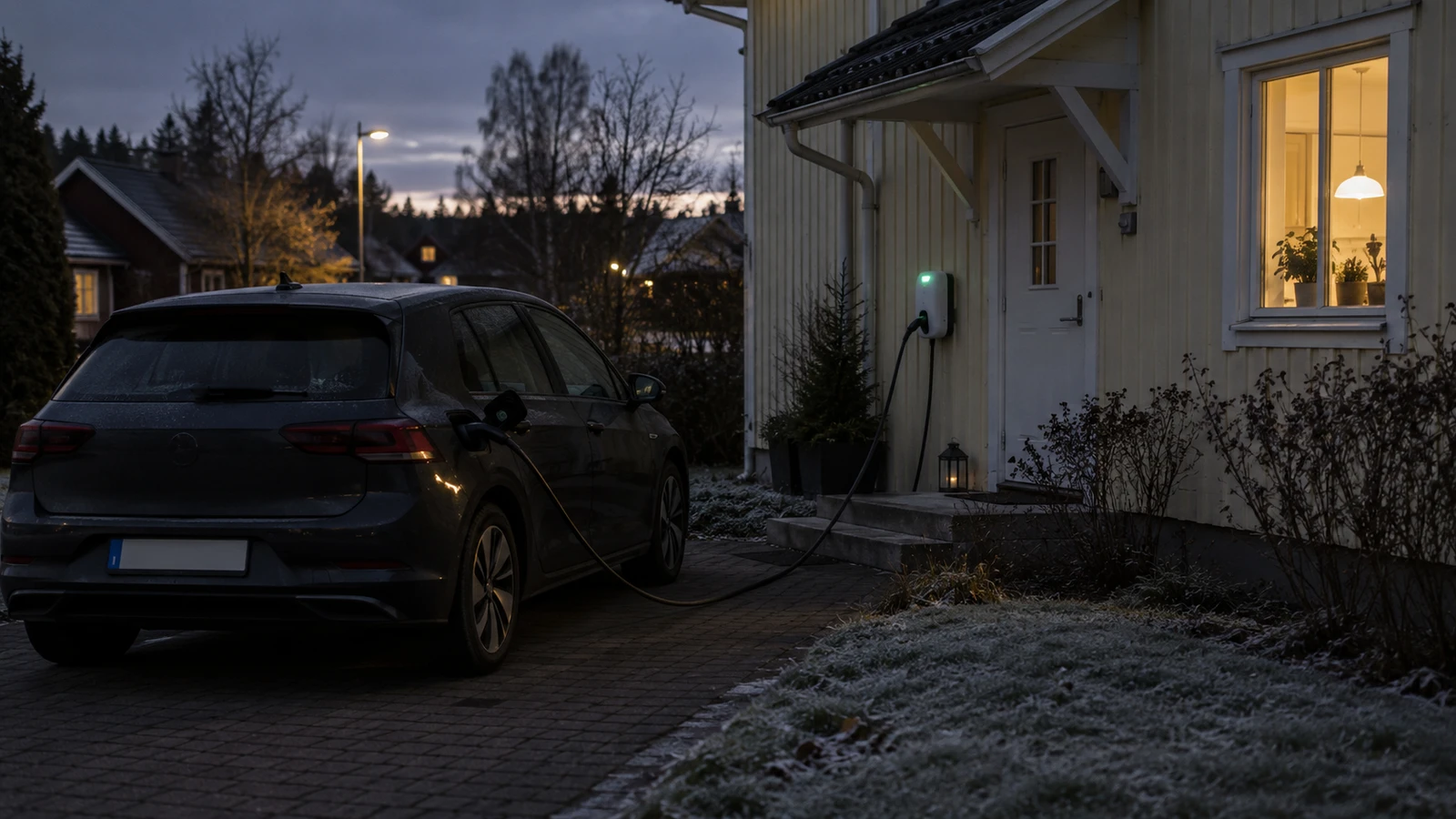Mörkgrå elbil som laddas från en vit laddbox vid ytterdörren till ett gult trähus sent en frostig kväll, med ett tänt köksfönster och en gatlykta längre bort.