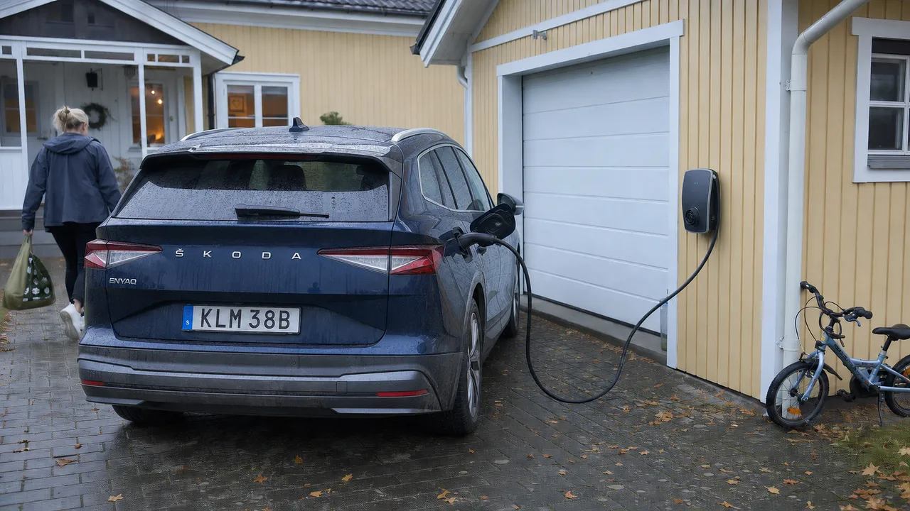 Blå Škoda Enyaq laddar vid ett gult trähus medan en person bär in matkassar.