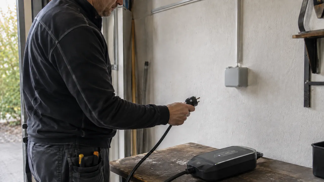 Elektriker håller en urkopplad stickkontakt bredvid ett stängt utomhusuttag och en portabel laddare.