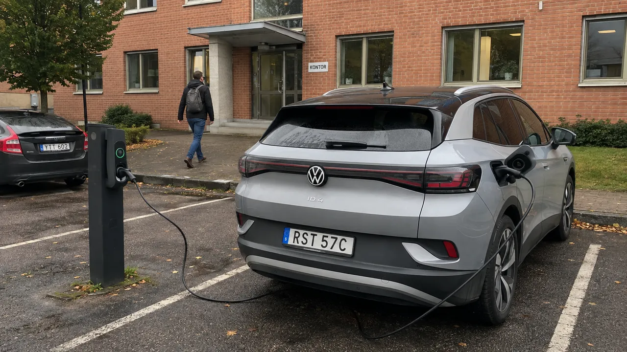 Volkswagen ID.4 laddar på en företagsparkering medan en person går mot kontoret.