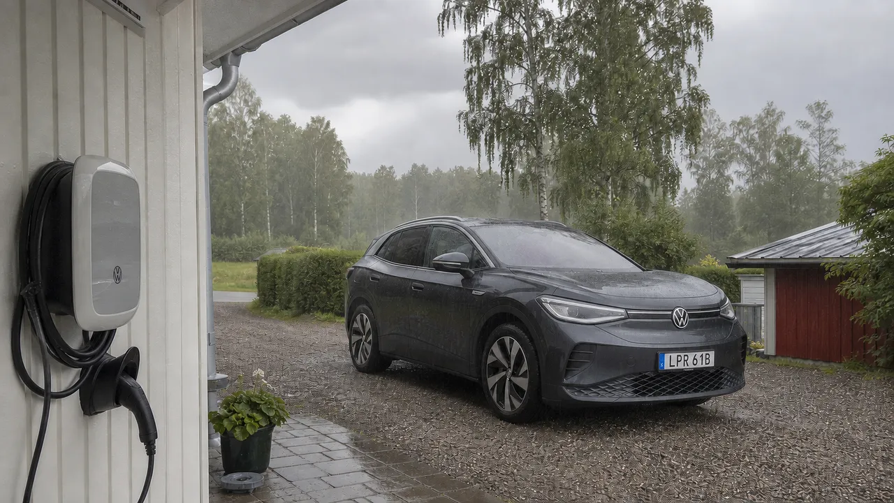 Urkopplad laddkabel i sin hållare vid en parkerad Volkswagen ID.4 under ett regnoväder.