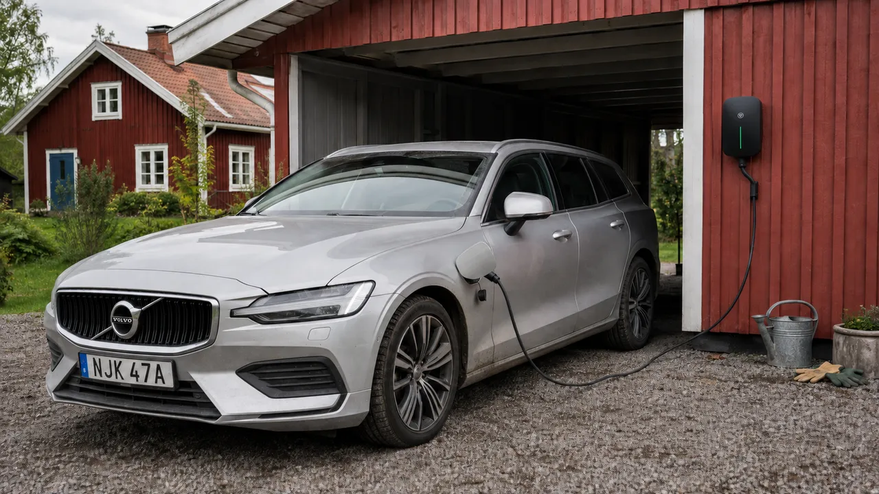 Silverfärgad Volvo V60 laddhybrid laddar under en carport vid ett rött trähus.