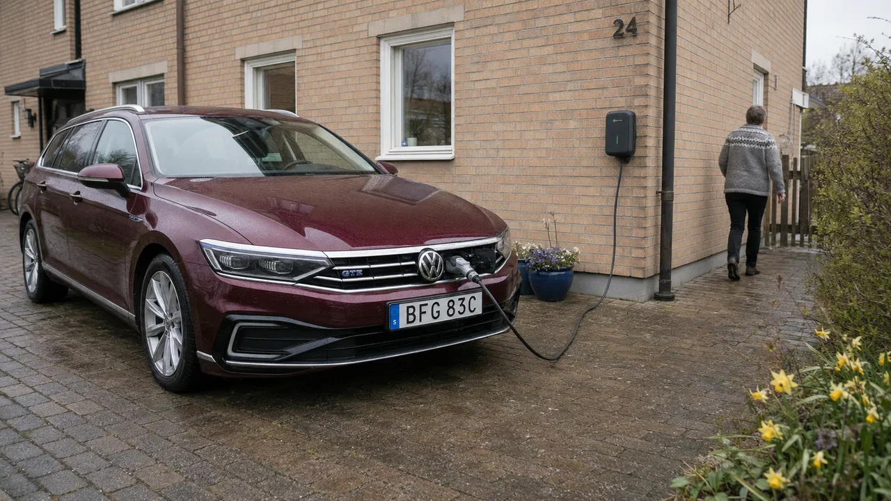 Vinröd Volkswagen Passat GTE laddar från en laddbox vid ett tegelradhus.