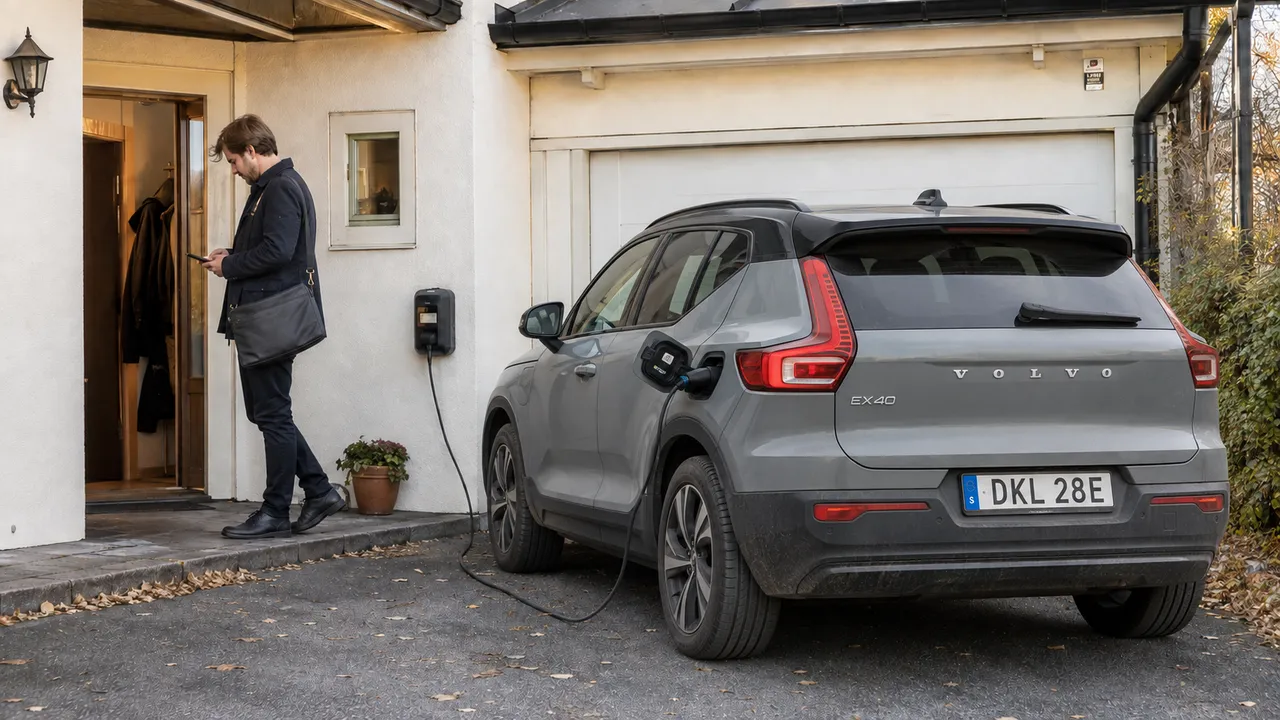 Grå Volvo EX40 laddar vid garaget medan en person med datorväska står vid ytterdörren.