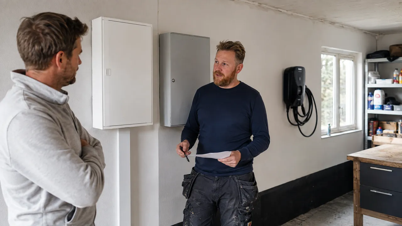 Elektriker och villaägare diskuterar installationen vid stängda elskåp och en laddbox i garaget.