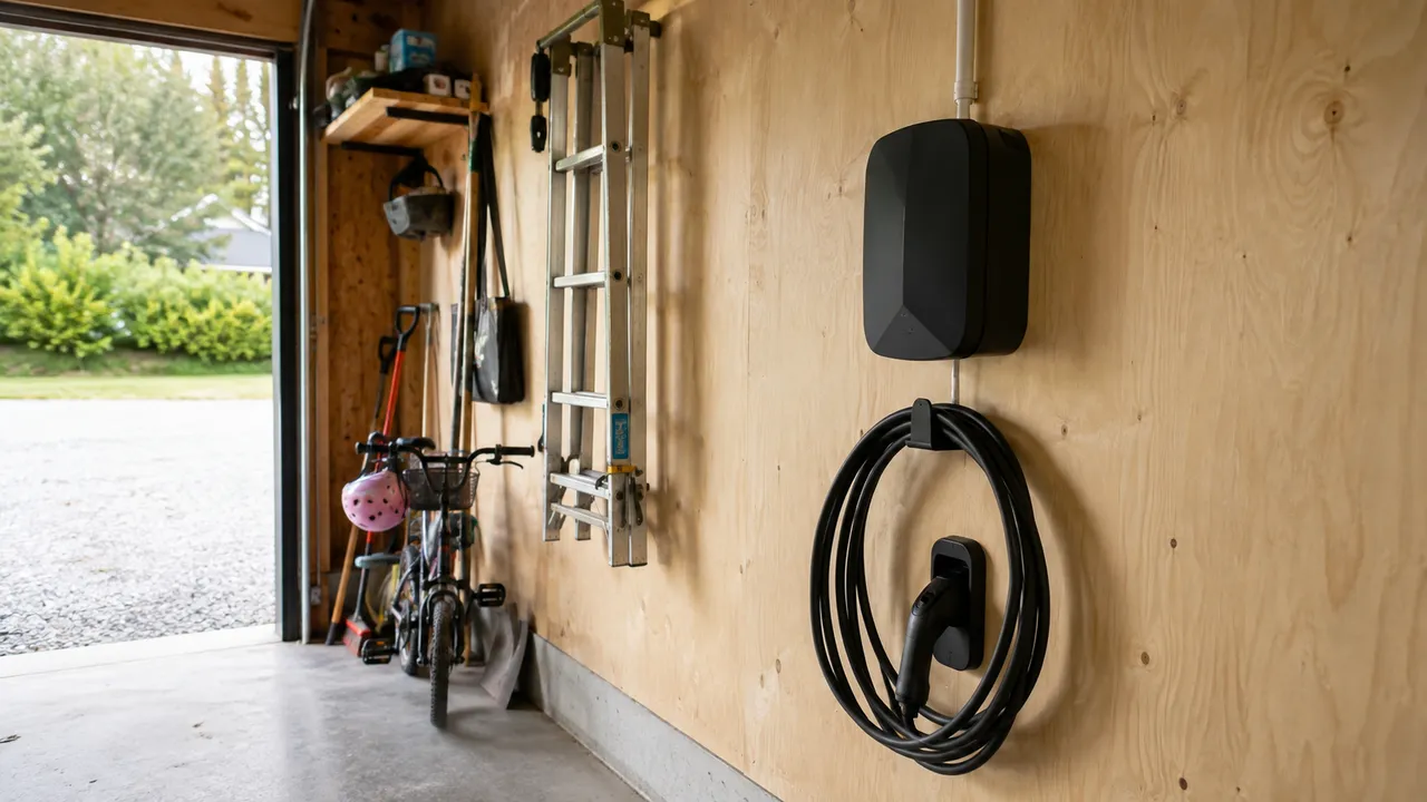 Mörk laddbox med upphängd kabel på plywoodväggen i ett vardagligt garage.
