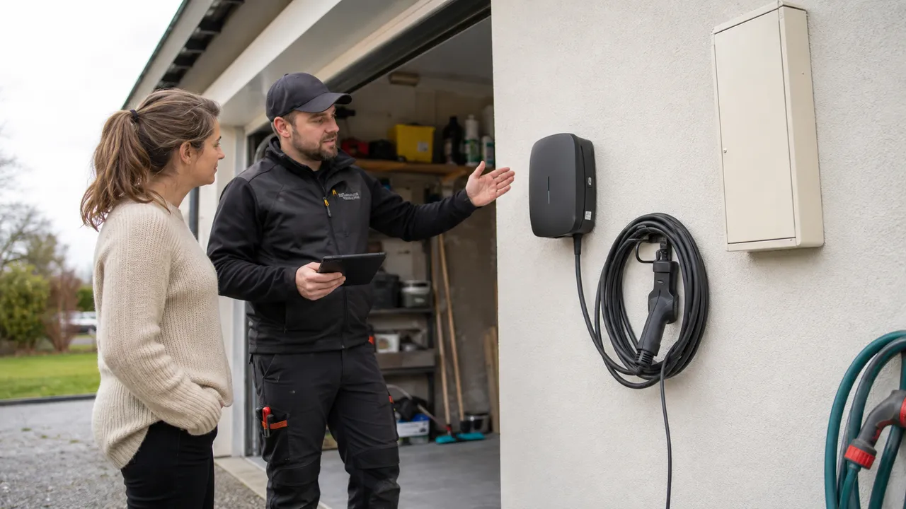 Elektriker med surfplatta går igenom en laddbox med en villaägare vid garaget.