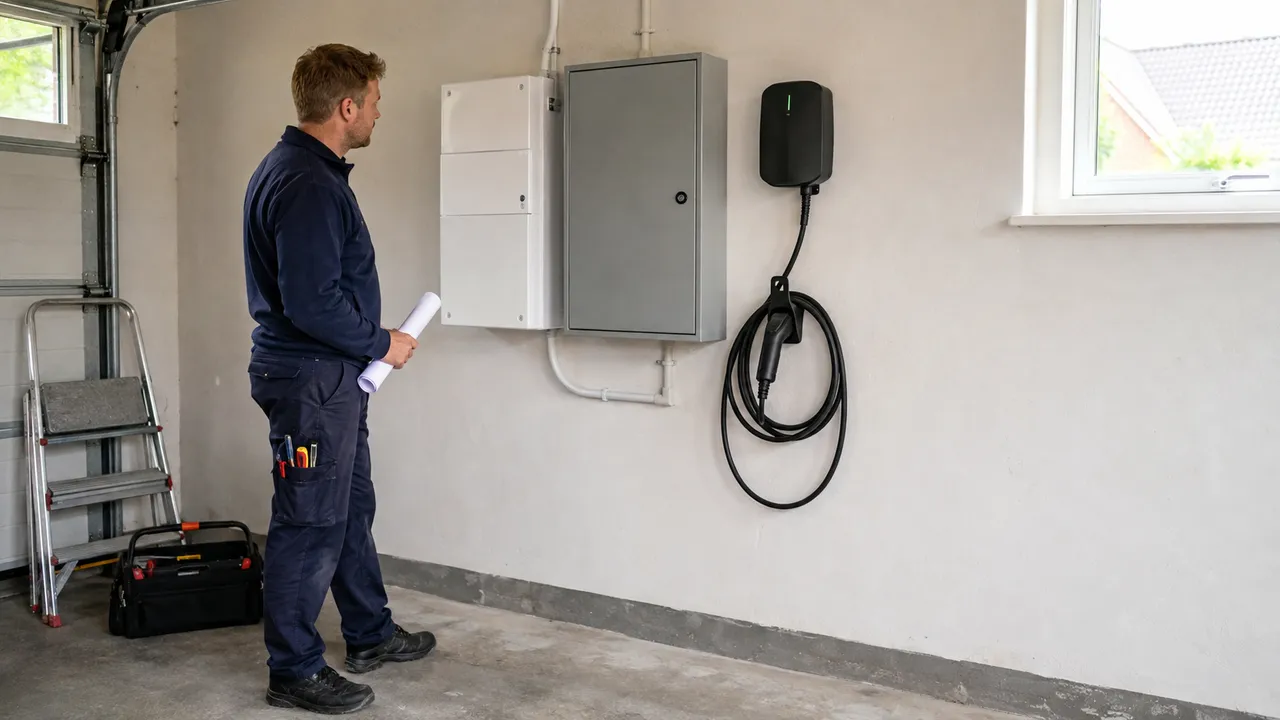 Elektriker granskar en färdig laddboxinstallation med stängda elskåp i garaget.
