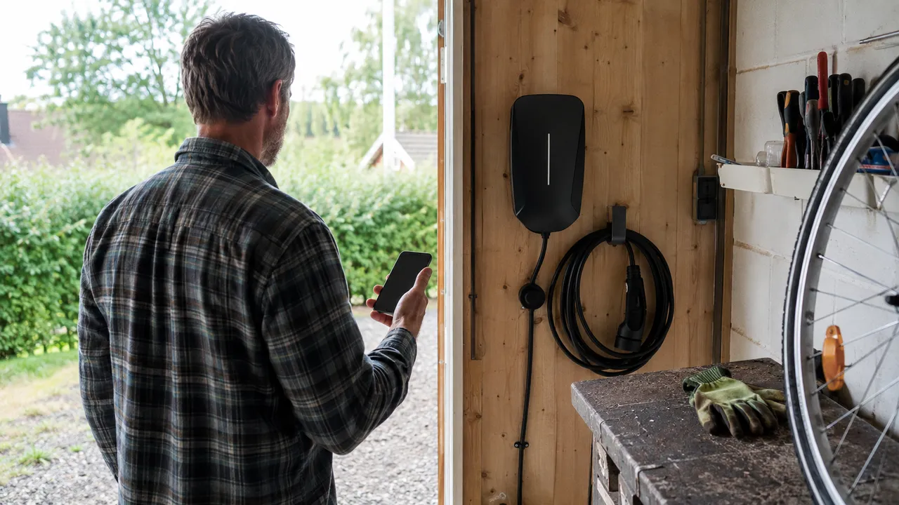 Villaägare med mobiltelefon står vid en laddbox och upphängd laddkabel i garaget.