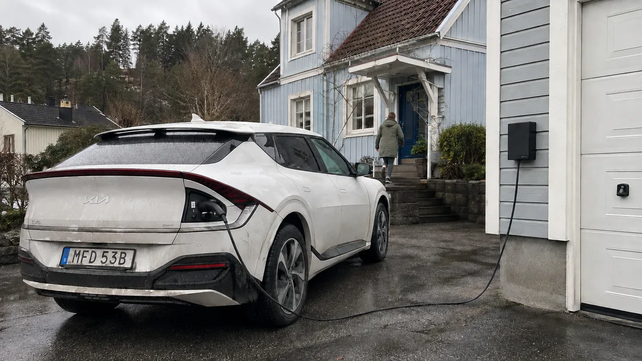 Vit Kia EV6 laddar vid en ljusblå villa på en regnvåt uppfart.