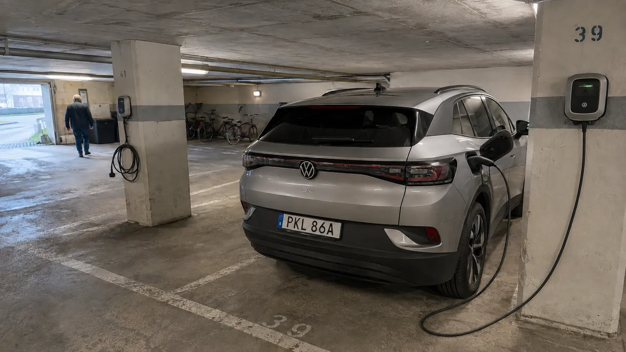 Volkswagen ID.4 laddar vid en betongpelare i ett gemensamt garage med fler laddplatser.