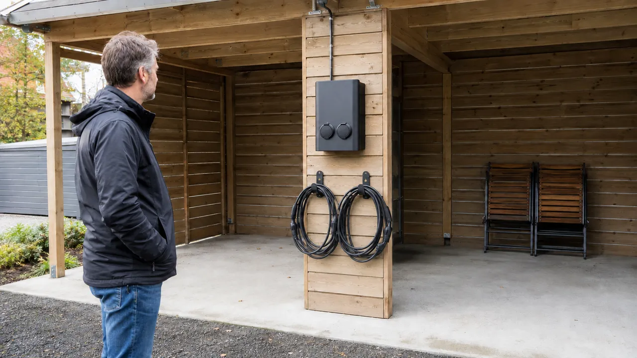 Laddbox med två täckta uttag och två lösa laddkablar på krokar i en dubbelcarport.