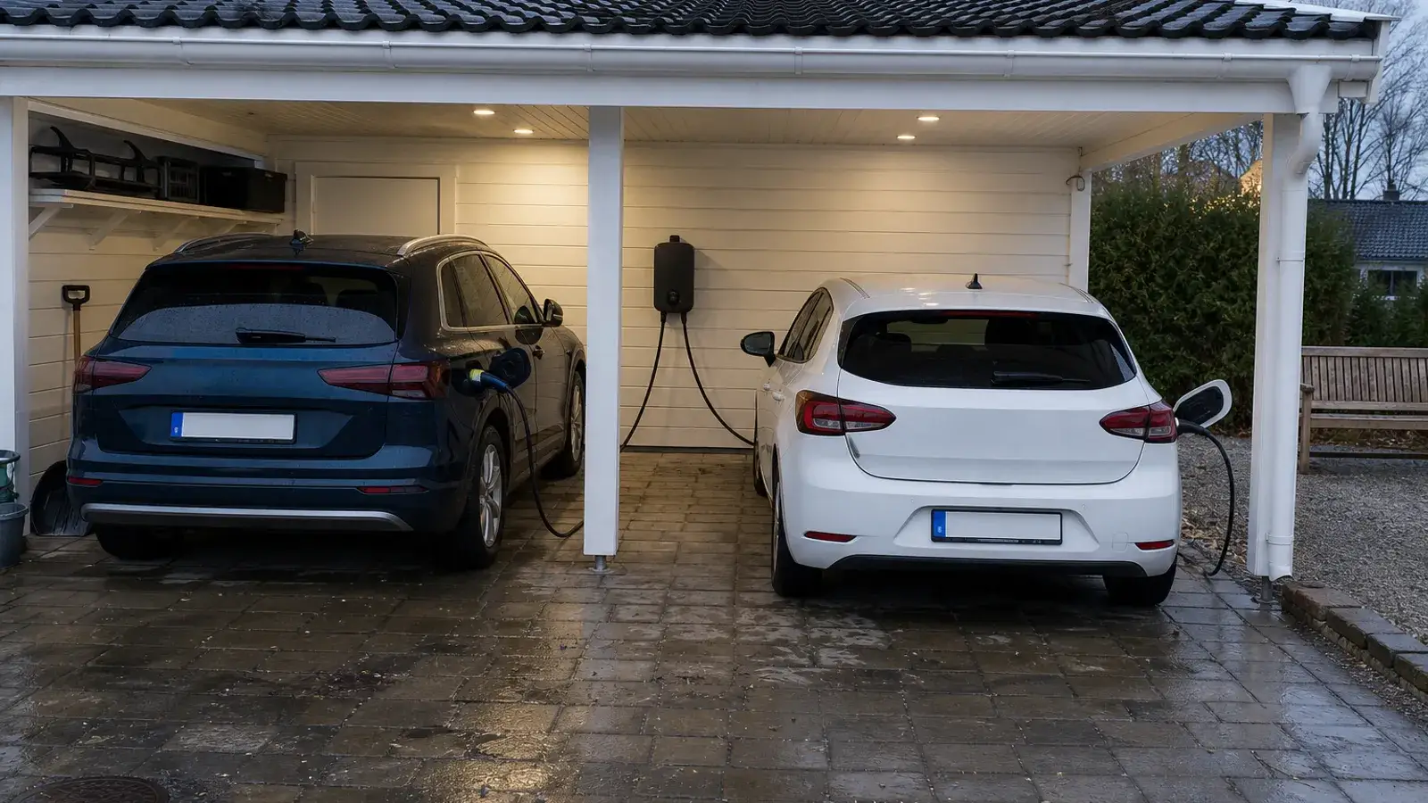 Två elbilar laddar från en laddbox med dubbla uttag i en carport