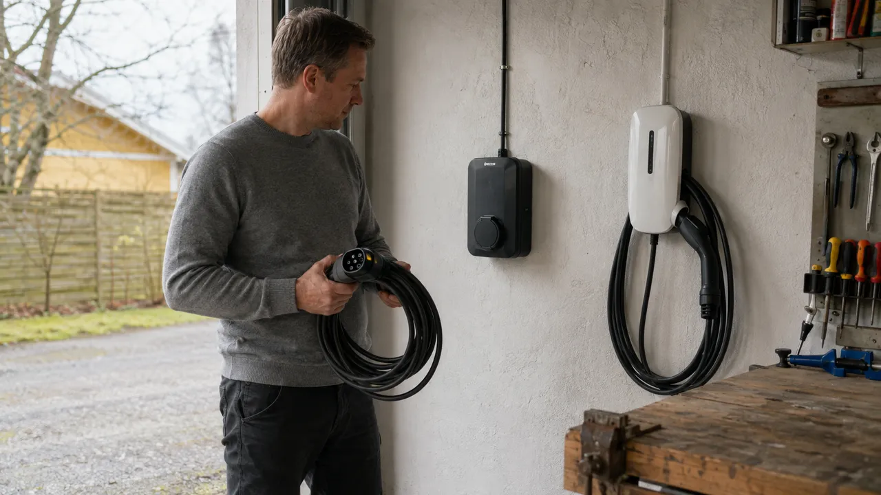 Person håller en lös laddkabel bredvid en laddbox med uttag och en laddbox med fast kabel.
