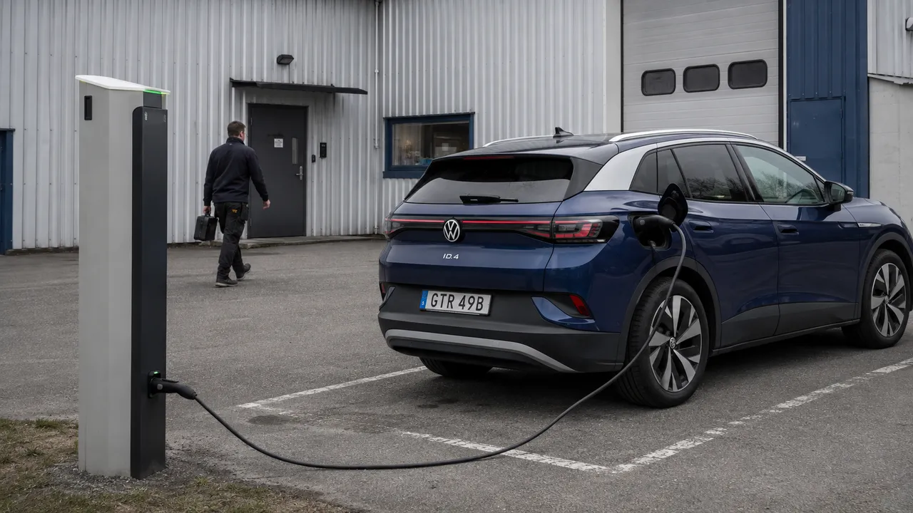 Blå Volkswagen ID.4 laddar vid en verkstad medan en person går mot entrén.