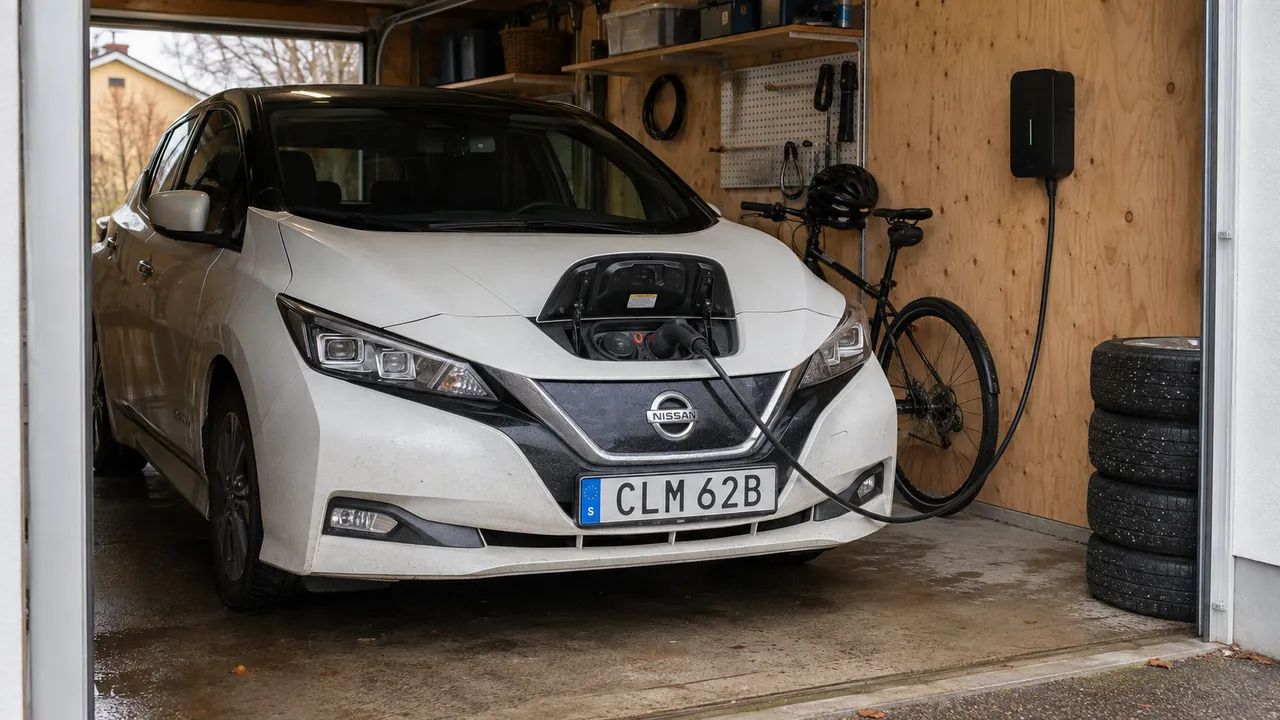 Vit Nissan Leaf laddar från en väggmonterad laddbox inne i ett garage.