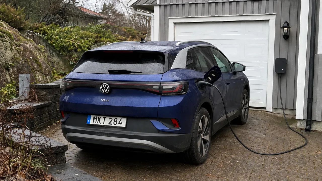 Blå Volkswagen ID.4 laddas på en villauppfart med grått garage och berg i bakgrunden.