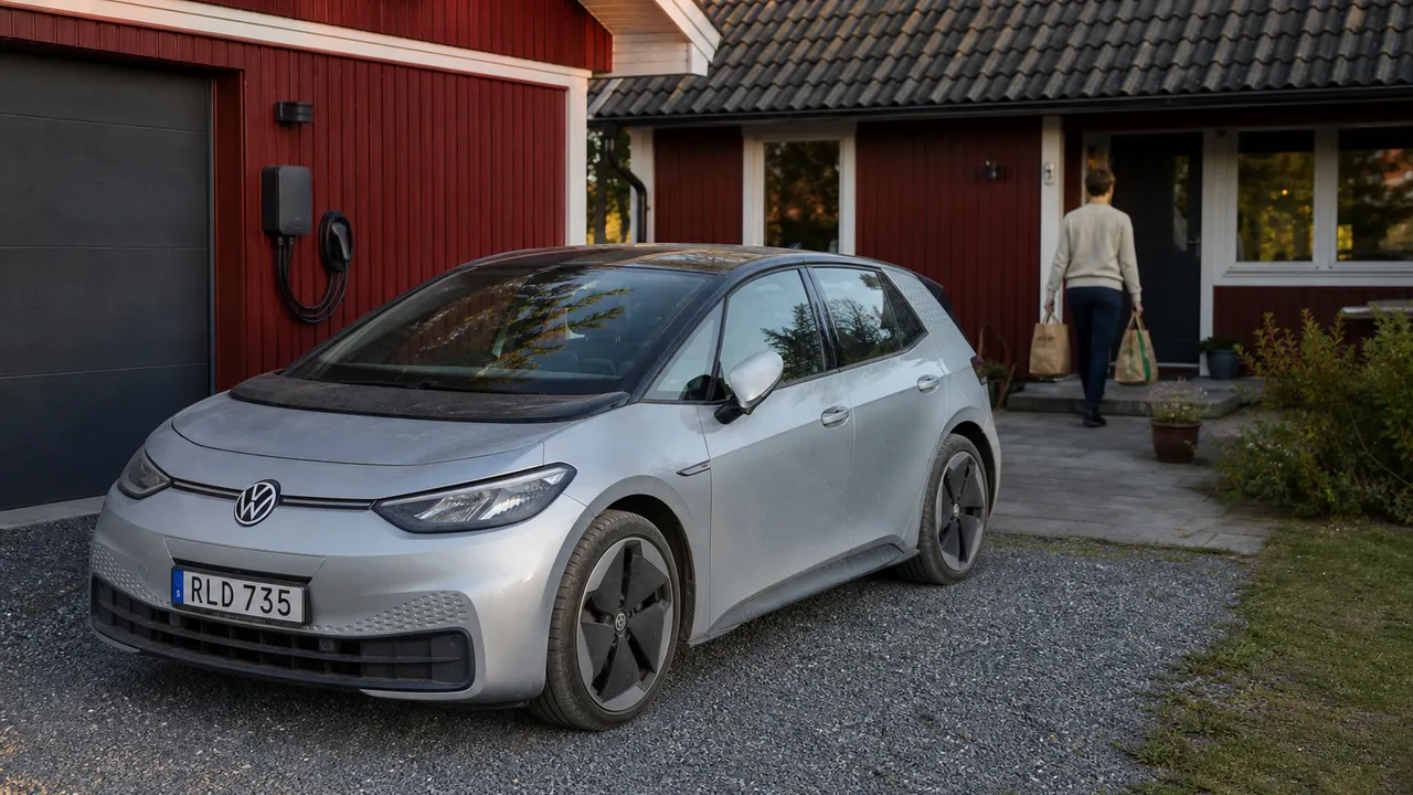Silverfärgad elbil vid ett rött trähus med laddbox på garageväggen och en person på väg in med matkassar.