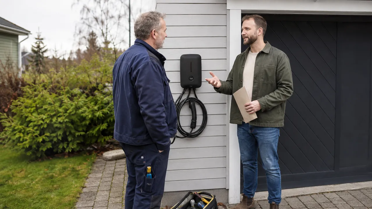 En elektriker och en villaägare samtalar vid en laddbox på en ljus garagevägg.